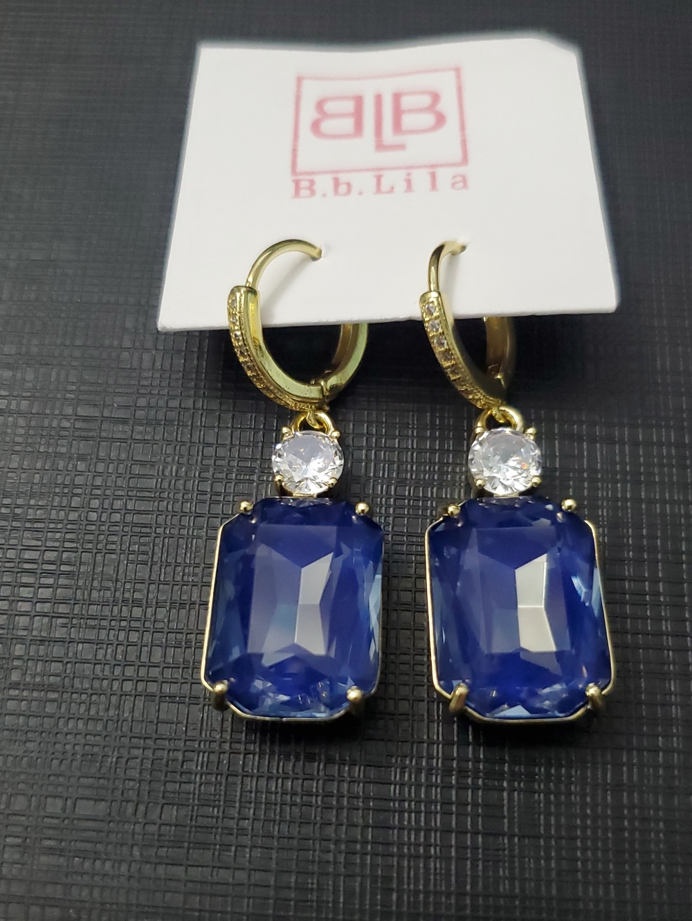 Gold-Tone Sapphire Blue Drop Earrings with Clear Accent